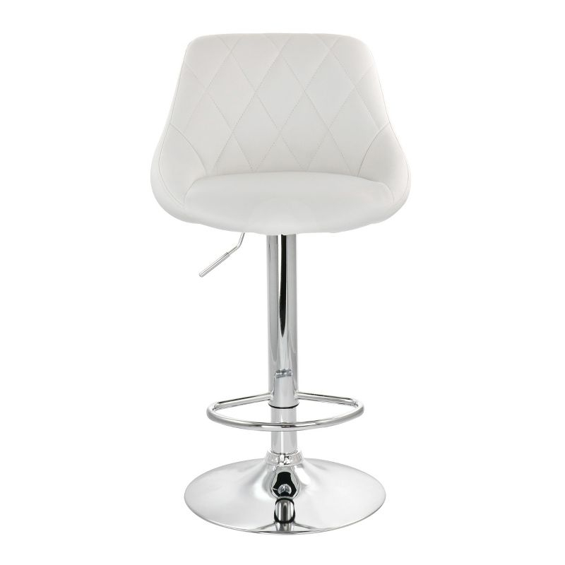 Elama 2 Piece Diamond Stitched Faux Leather Bar Stool in White with Chrome Base  and Adjustable Height
