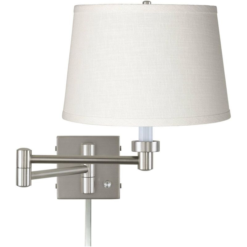 Possini Euro Design Modern Swing Arm Wall Lamp with Cord Cover Brushed Nickel Plug-In Light Fixture White Linen Shade for Bedroom