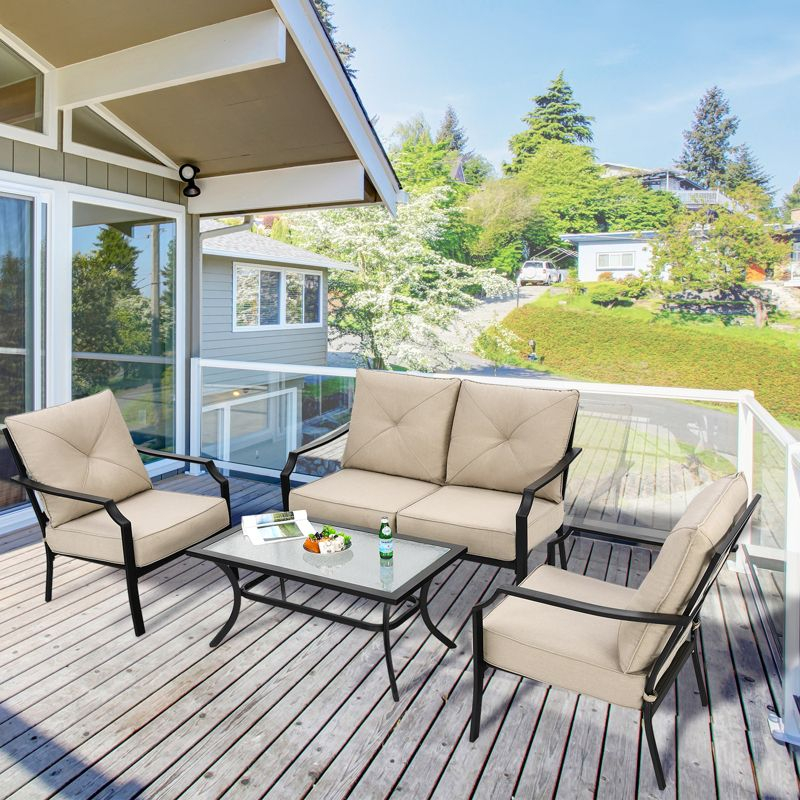 Tangkula 4 PCS Patio Furniture Set Outdoor Sectional Conversation Set w/Coffee Table & Cushions