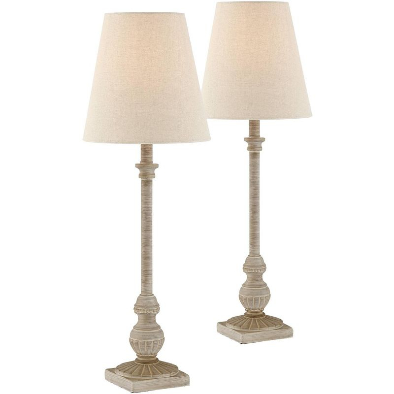 Regency Hill Loreno Traditional Buffet Table Lamps 24" High Set of 2 Whitewashed Oatmeal Linen Drum Shade for Bedroom Living Nightstand Family Room