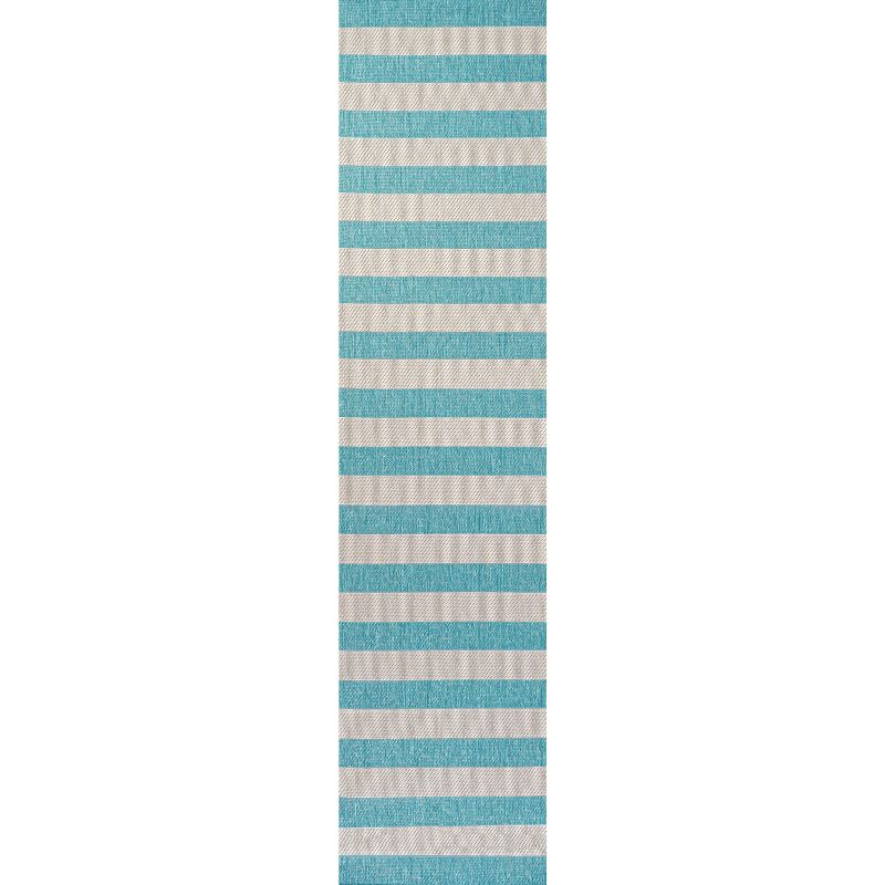 2' x 8' Negril Two-Tone Wide Stripe Indoor/Outdoor Runner Rug, Aqua/Cream - JONATHAN Y