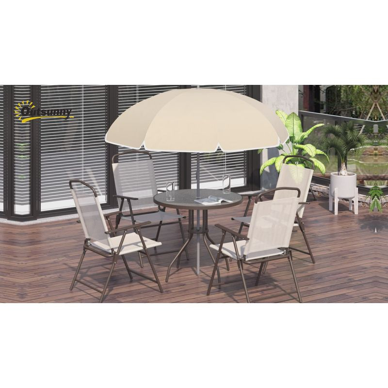 Outsunny 6 Piece Patio Dining Set for 4 with Umbrella, 4 Folding Dining Chairs & Round Glass Table for Garden, Backyard, and Poolside, Beige