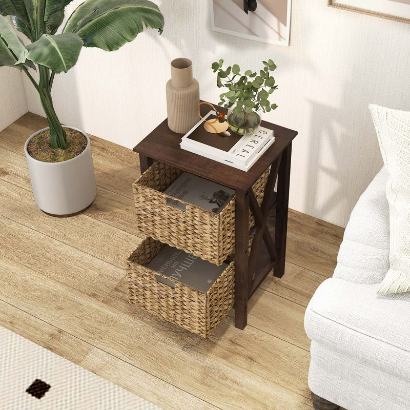 Costway 2 PCS 2-Tier Nightstand with 2 Seagrass Baskets Rubber Wood X-Shaped Frames 2 Drawers