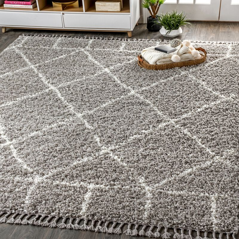 5'x8' Mercer Shag Plush Tassel Moroccan Geometric Trellis Area Rug, Grey/Cream - JONATHAN Y