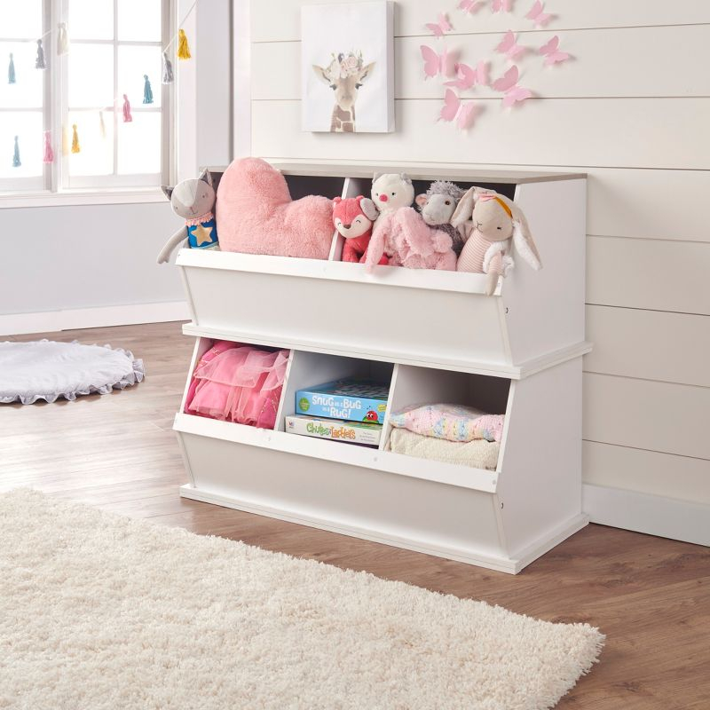Badger Basket Two Bin Stackable Storage Cubby - White/Gray Woodgrain (White)