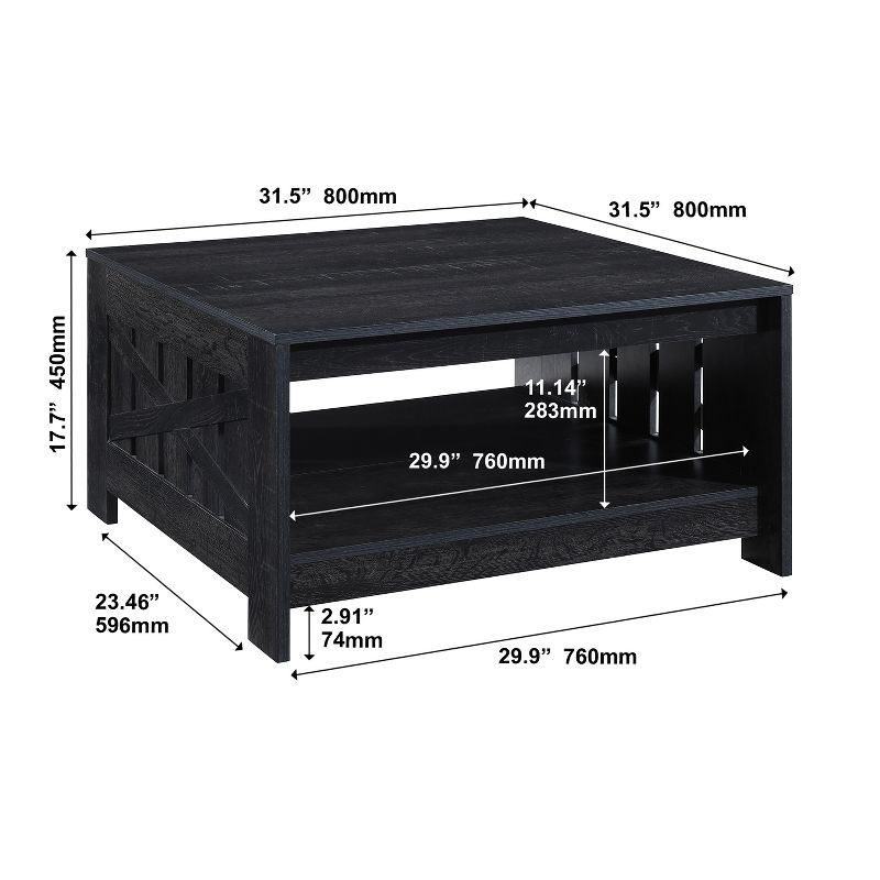 AndMakers 31.5 in. Farmhouse Black Oak Square Coffee Table with Open Storage for Living Room