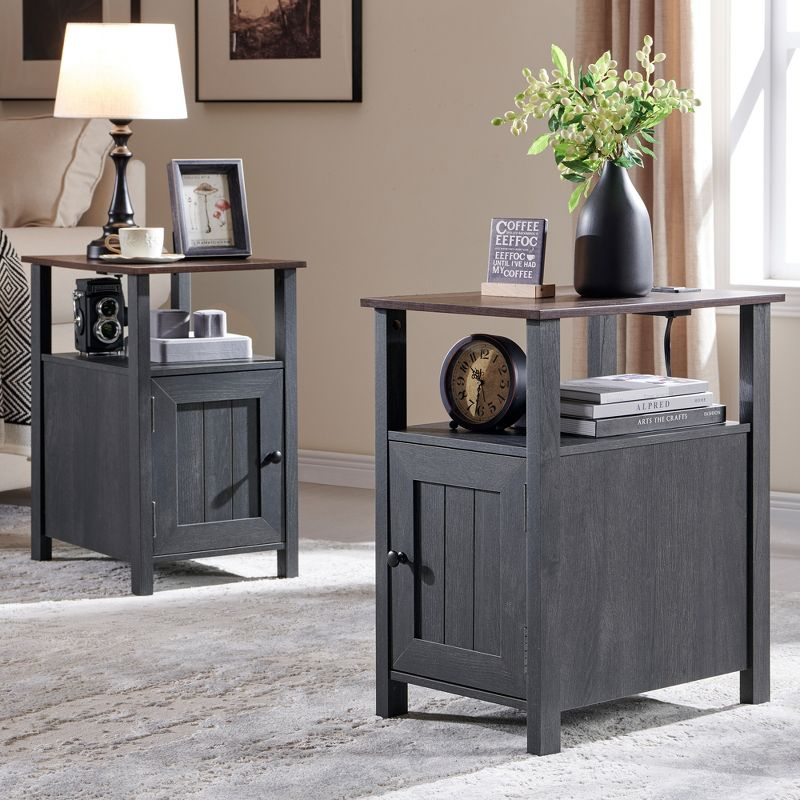 2 PCS Nightstand with Charging Station & Barn Door & Open Shelves，Farmhouse End Table for Bedroom, Living Room, Gray