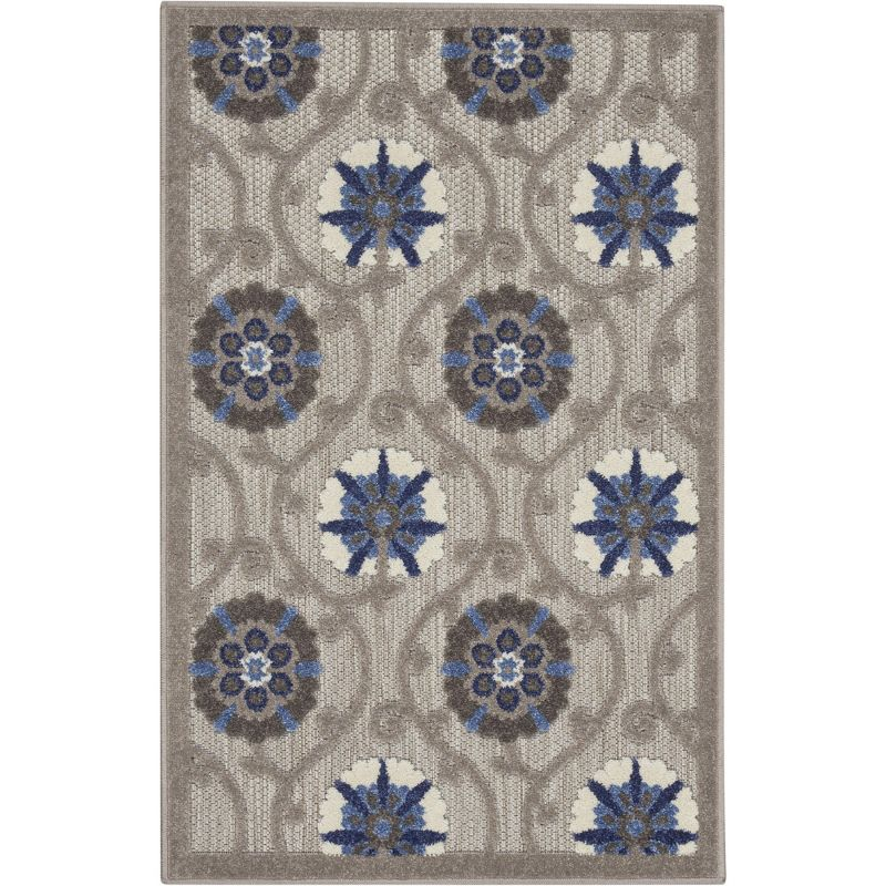 Nourison Aloha Contemporary Floral Flatweave High-Low Indoor Outdoor Area Rug Grey/Blue 2'8" x 4'