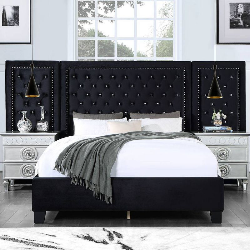 Damazy 86" King Bed Black Velvet - Acme Furniture: Crystal-like Tufting, Nailhead Trim, No Box Spring Required