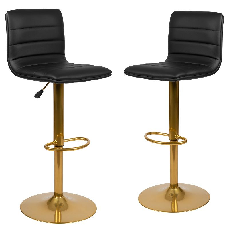 Flash Furniture Modern Black Vinyl Adjustable Bar Stool with Back, Counter Height Swivel Stool with Gold Pedestal Base, Set of 2