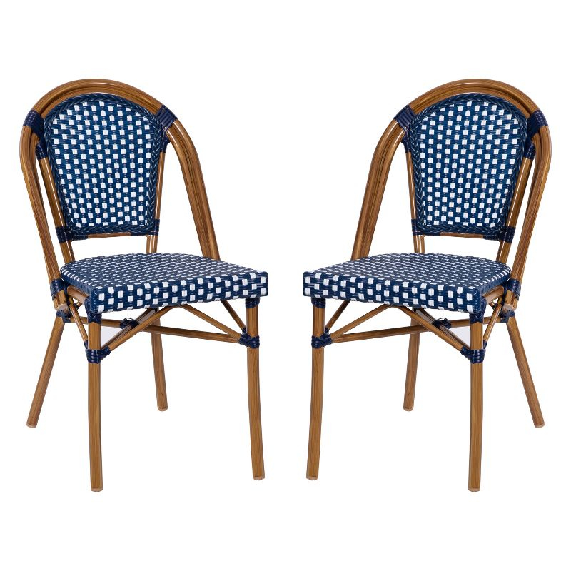 Emma & Oliver Soie Set of Two Stacking Bistro Chairs with Navy and White PE Seat and Back and Bamboo Finished Aluminum Frame for Indoor/Outdoor Use