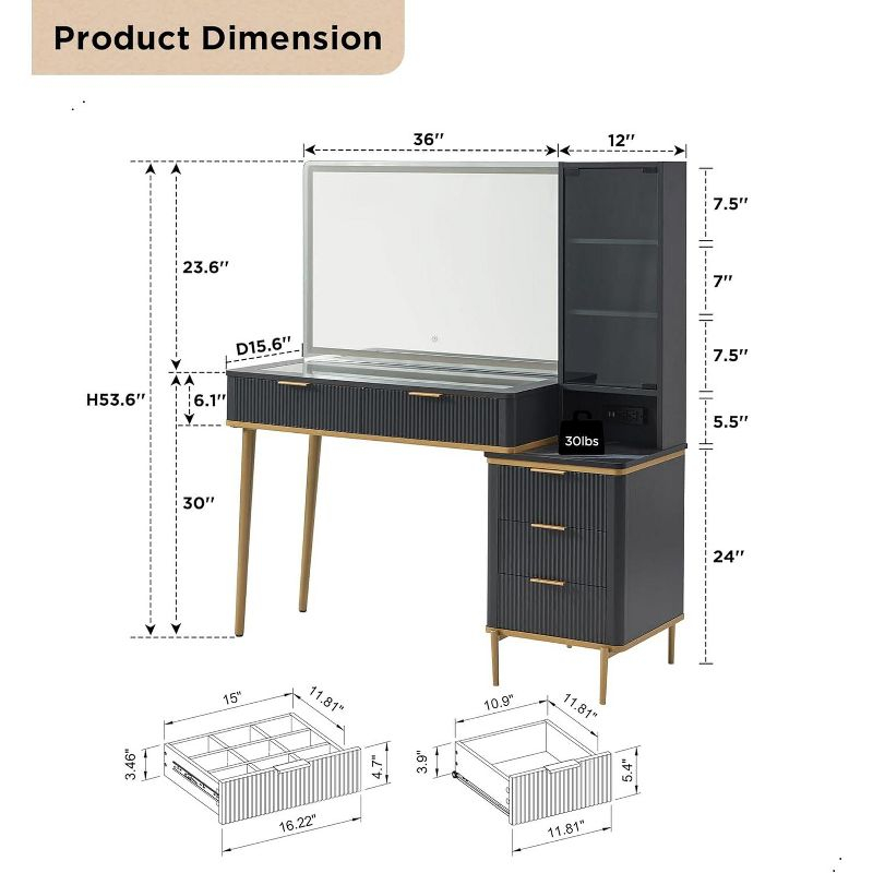 Fluted Makeup Vanity Tables with 36" HD Lighted Mirror, 48" Big Modern Vanity Desk with Glass Top & 5 Drawers & Shelves, Dressing Table, Dark Gray