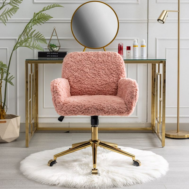 Pink Artificial Rabbit Fur Home Office Chair, Adjustable Swivel Desk Chair with Gold Metal Base and Wheels - The Pop Home