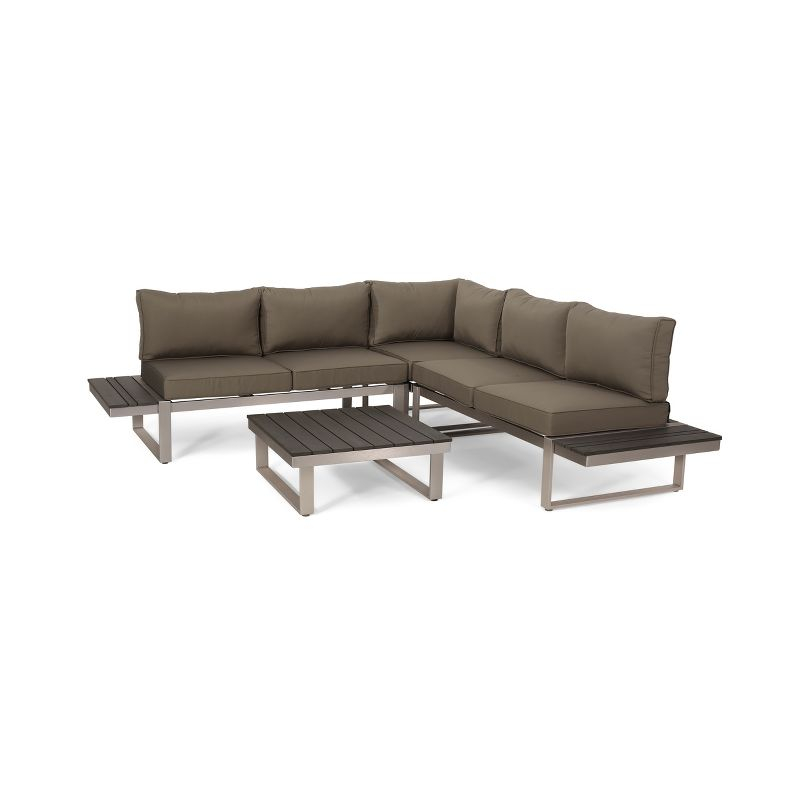 GDFStudio Johana Outdoor Aluminum V-Shaped 5 Seater Sofa Set with Cushions, Silver/Gray/Khaki
