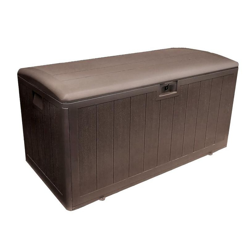 Plastic Development Group 105-Gallon Weather-Resistant Plastic Resin Outdoor Patio Storage Deck Box with Soft-Close Lid, Java Brown