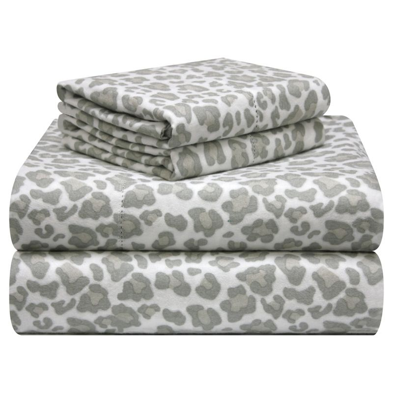 Pointehaven 180 GSM Velvet Feel Luxury Cotton Printed Flannel Sheet Set, Queen, Leopard
