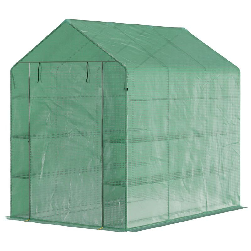Outsunny 84.25" x 56.25" x 76.75" Walk-in Greenhouse, 2-Tier Shelves, Steel Frame Hot house, Roll-Up Zipper Door for Flowers, Vegetables, Green