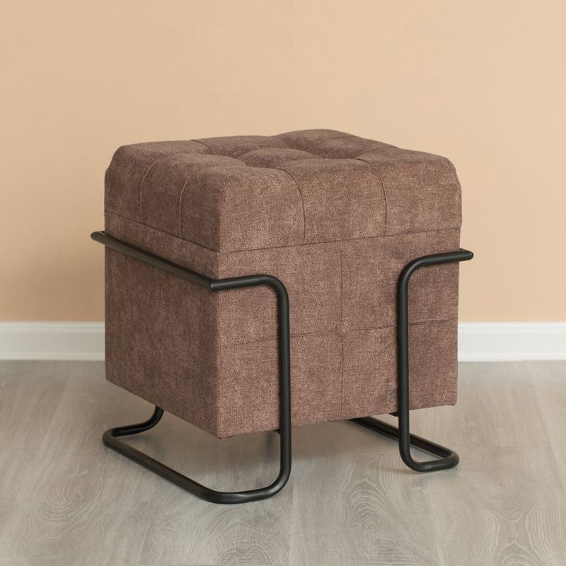 Fabulaxe Square Fabric Storage Ottoman with Black Metal Frame, Brown