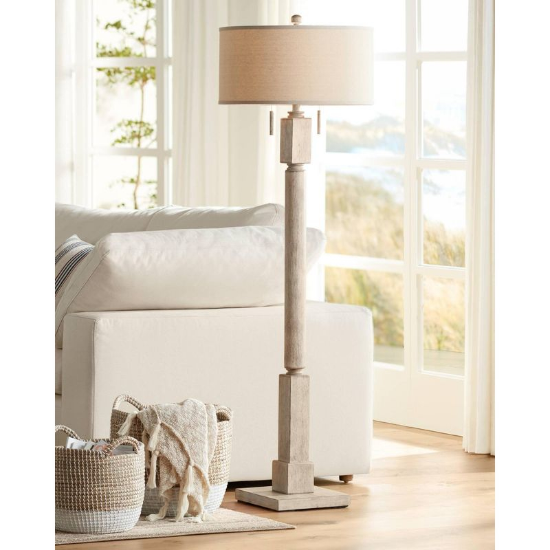 Barnes and Ivy Baluster Country Cottage Floor Lamp 63 1/2" Tall Pickled Wood Oatmeal Linen Drum Shade for Living Room Reading Bedroom Office House