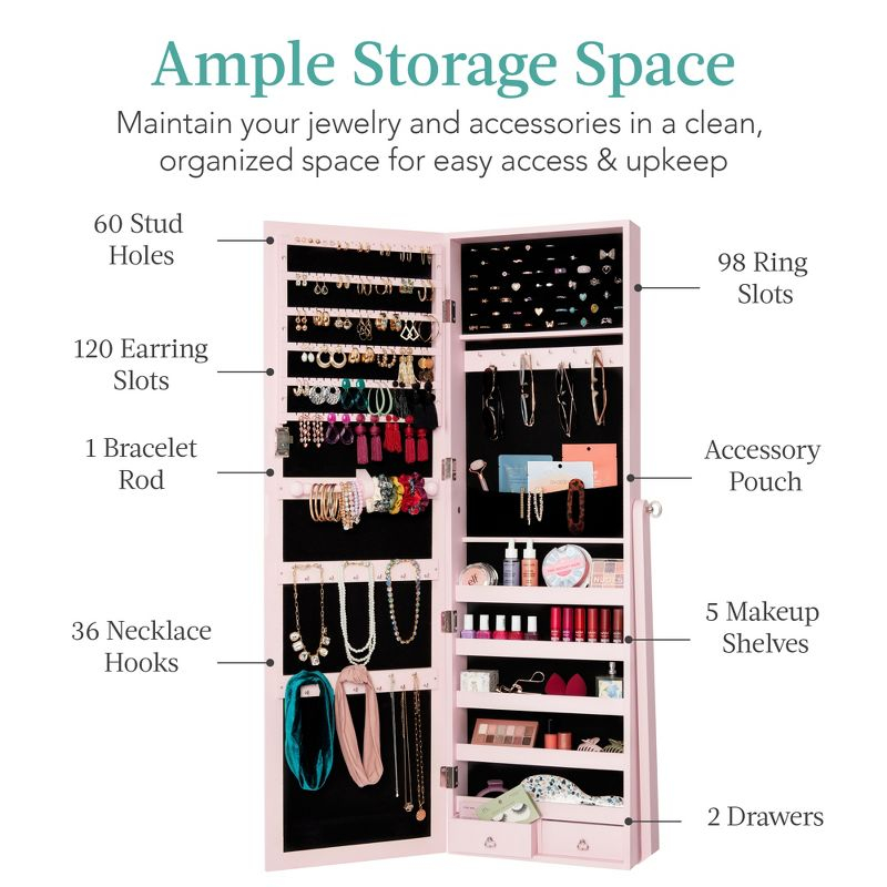 Best Choice Products Jewelry Armoire Cabinet, Full Length Mirror w/ Velvet Storage Interior, Lock - Dusty Pink