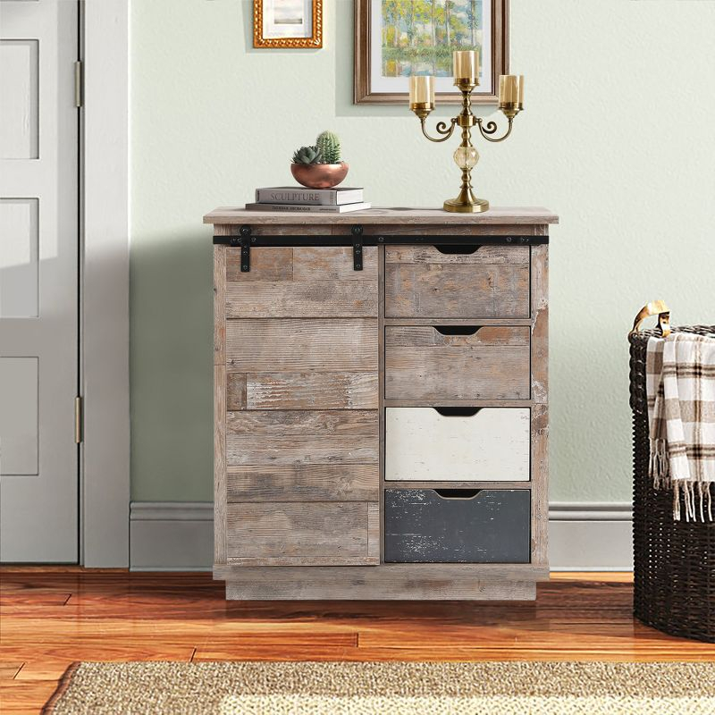 LuxenHome Rustic Wood 4-Drawer 1-Sliding Door Storage Cabinet Brown, White, Gray