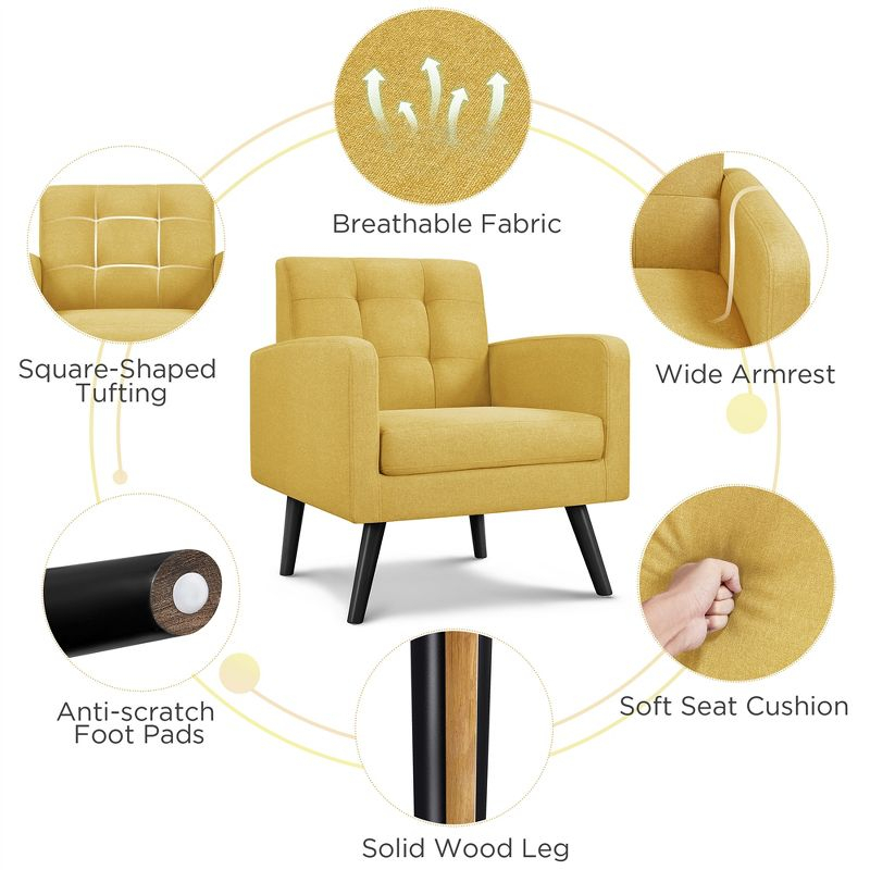 Yaheetech Set of 2 Mid Century Tufted Back Accent Arm Chair with Rubberwood Legs, Yellow