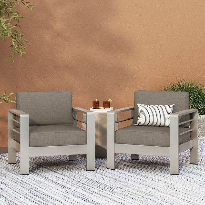 GDFStudio Crested Bay Outdoor Aluminum Club Chairs with Water-Resistant Cushions (Set of 2), Khaki/Silver