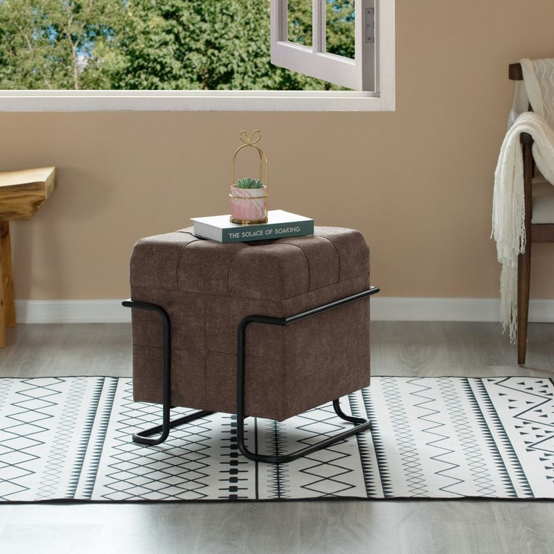 Fabulaxe Square Fabric Storage Ottoman with Black Metal Frame, Brown