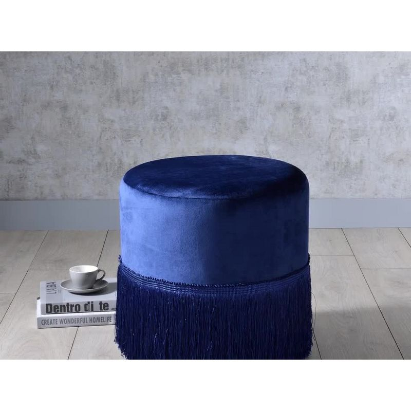 17" Clivia Velvet Ottoman Midnight Blue - Acme Furniture: Cylindrical, Fringe Base, No Assembly