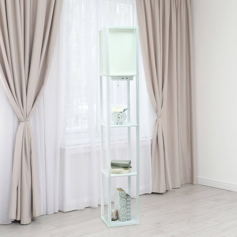 Simple Designs Floor Lamp Etagere Organizer Storage Shelf with 2 USB Charging Ports and Linen Shade White: Modern Pull Chain, ETL Listed