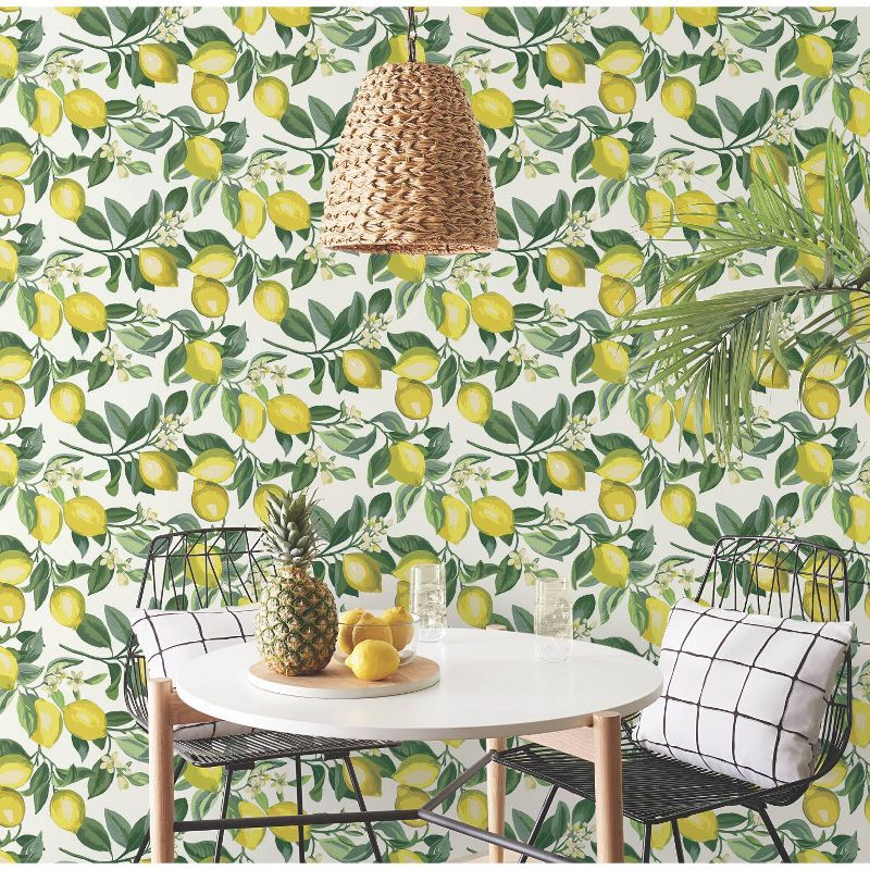 RoomMates Lemon Zest Peel and Stick Wallpaper Yellow/White: Removable Vinyl Botanical Fruit Pattern, Self-Adhesive, 28.2 Sq Ft Coverage