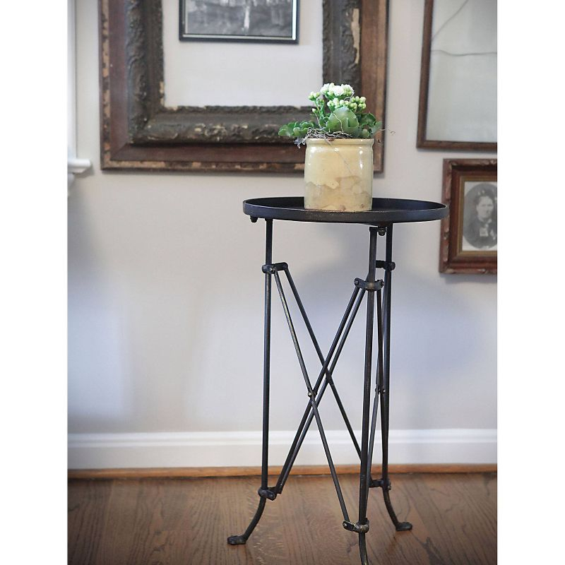 Storied Home Metal Tray Table Bronze: Round Pine Top, 25.5" High, Assembly Required