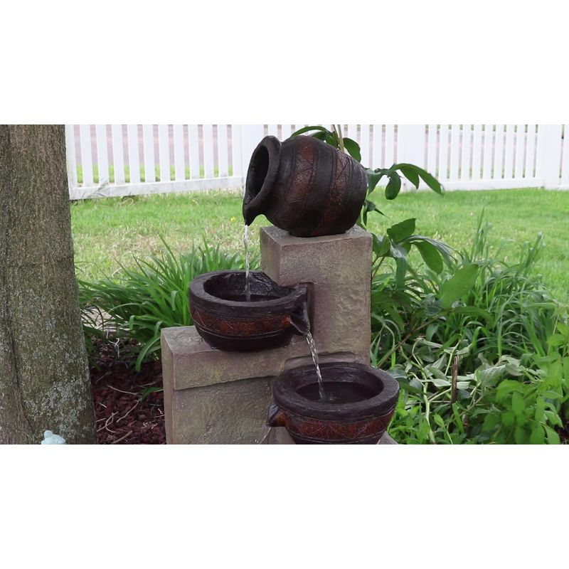 Sunnydaze Outdoor Solar Powered Cascading Terra Bowls Water Fountain with Battery Backup and LED Light - 30"