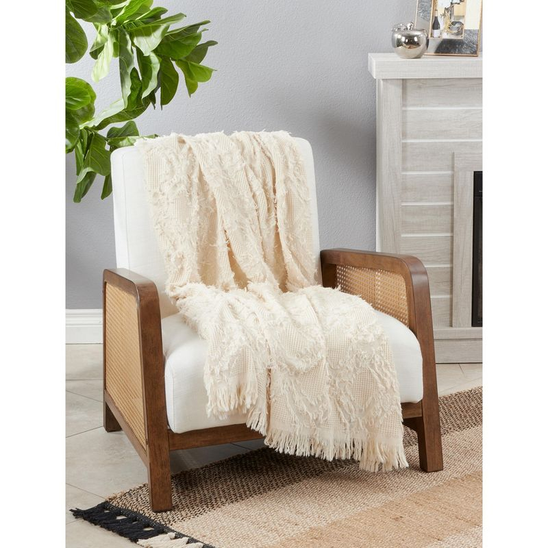 Saro Lifestyle Throw Blanket With Fringe Waffle Weave Design, Ivory, 50x60 inches