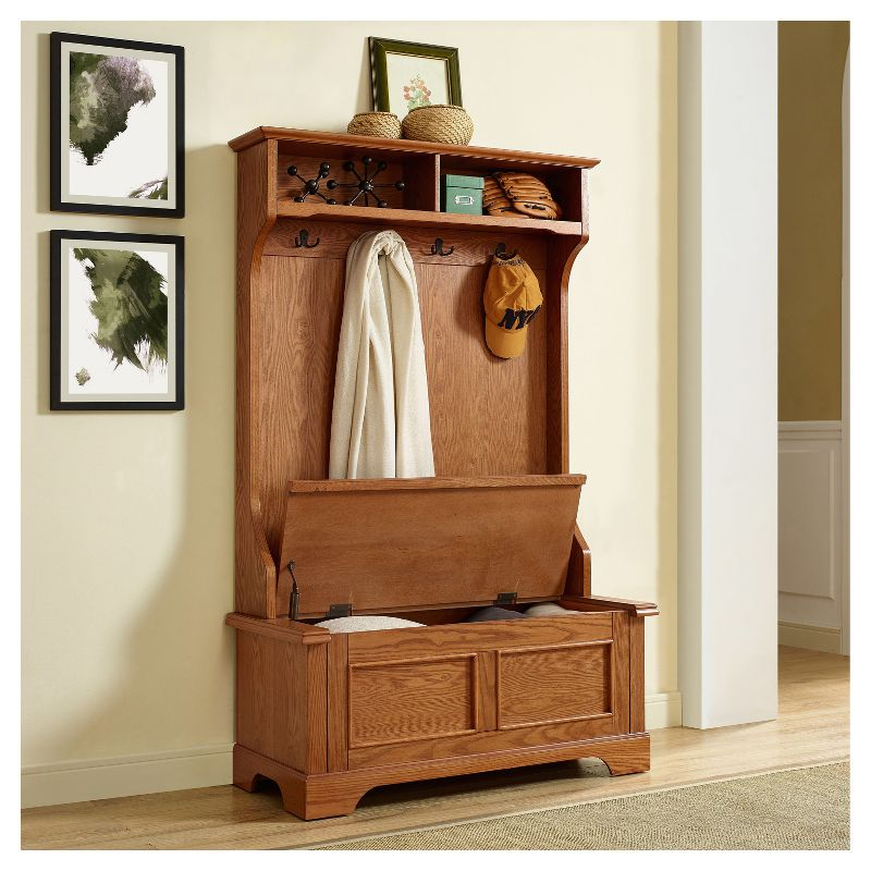Campbell Hall Tree Oak - Crosley: Spacious Bench, 4 Double Hooks, Shoe Storage
