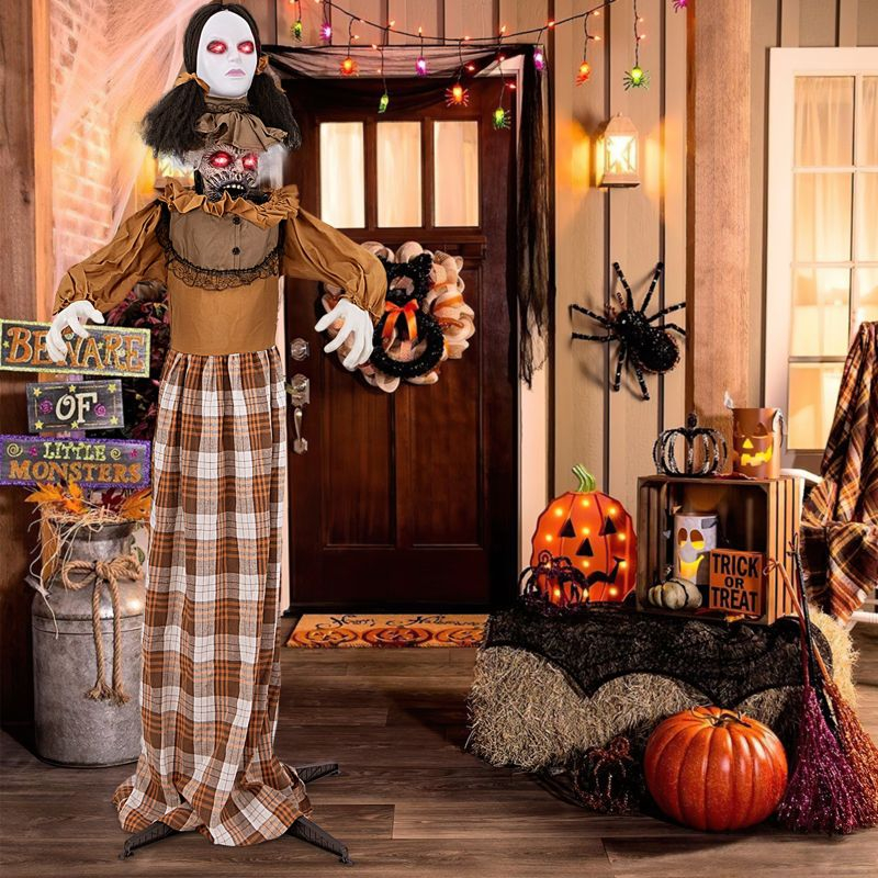 Tangkula 5.8 FT Halloween Animated Haunted Woman with Pop Up Head Animatronic Scary Witch w/ Sound Activated Design & Control Button Decoration