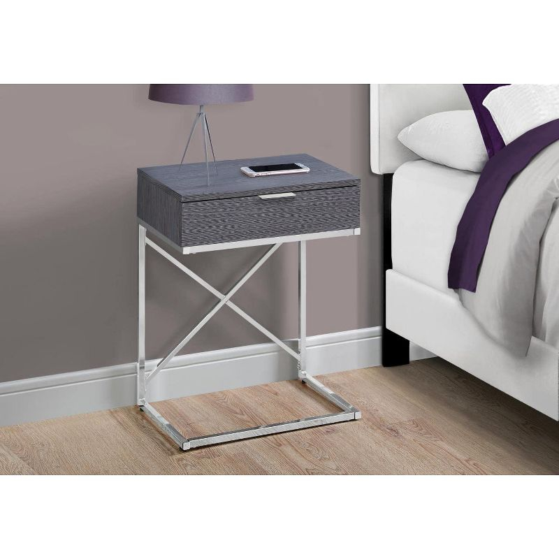 Monarch Specialties Accent Table Side End Nightstand Lamp Storage Drawer Living Room Bedroom Metal Laminate Grey Chrome Contemporary Modern