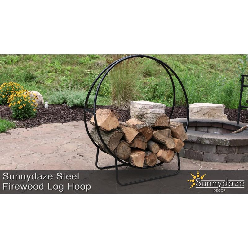 Sunnydaze Outdoor Heavy-Duty Steel Firewood Log Hoop Storage Rack with Weather-Resistant PVC Log Hoop Cover - 48" - Black