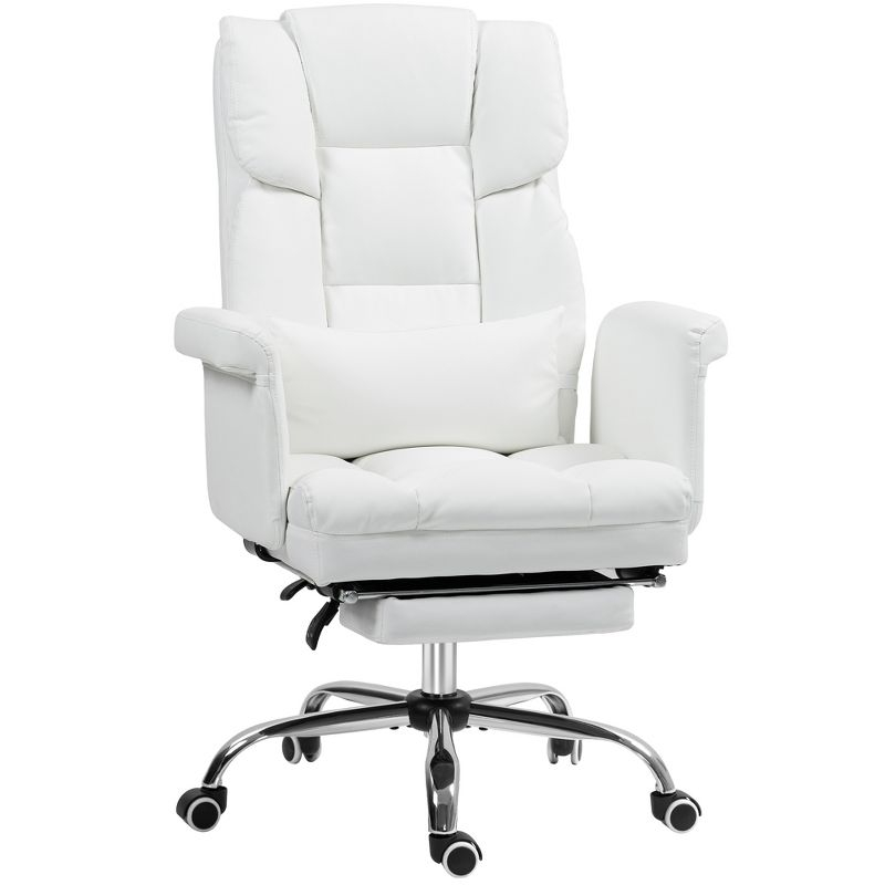 HOMCOM Executive Office Chair with Footrest and Lumbar Support, PU Leather Office Desk Chair, Ergonomic, Reclining and Swivel Chair, White