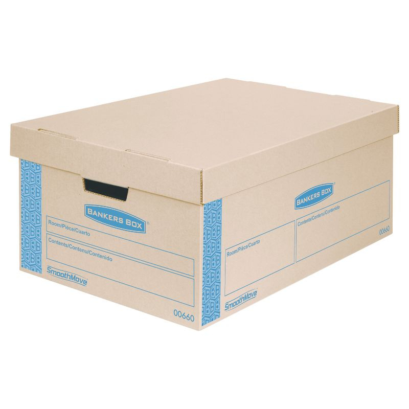 Bankers Box SmoothMove Prime Large Moving Boxes, Lift Lid, 24l x 15w x 10h, Kraft/Blue, 8/CT: Cardboard Packing Supplies