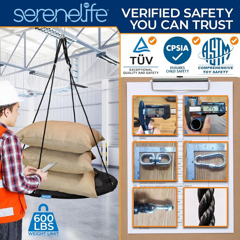 SereneLife 40" Saucer Swing with Handles, Pillow, Hanging Kit, and Carry Bag - Indoor/Outdoor Use - Black