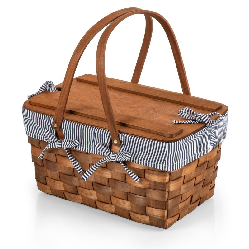 Picnic Time Kansas Handwoven Wood Picnic Basket with Navy Blue and White Stripe