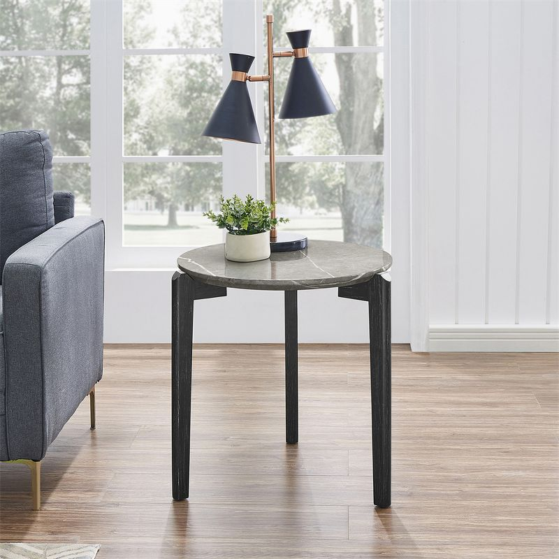 24 Inch Round Coffee Table, Modern And Stylish Small Coffee Table, Imitation Marble Tabletop With Wood Legs, Black+Gray