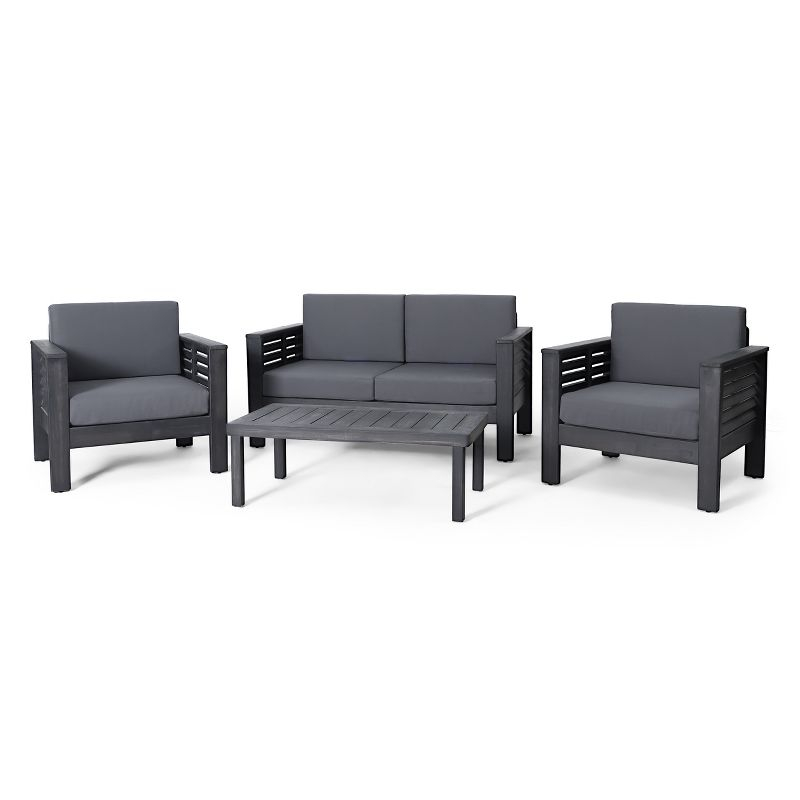 Christopher Knight Home Rabun Outdoor Acacia Wood 4 Seater Chat Set with Cushions, Dark Gray