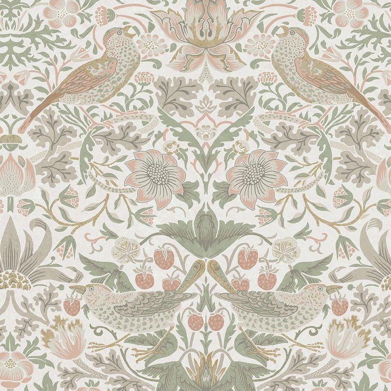 William Morris at Home Strawberry Thief Sage & Pink Wallpaper