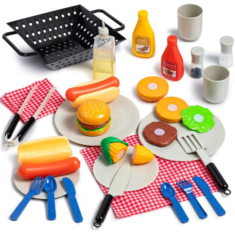 Joyfy 27 Pcs Kids Kitchen Toy Playset, BBQ Grill Pretend Play Food Sets, Gift for Toddlers 2 3 4 Years Old Girls Boys