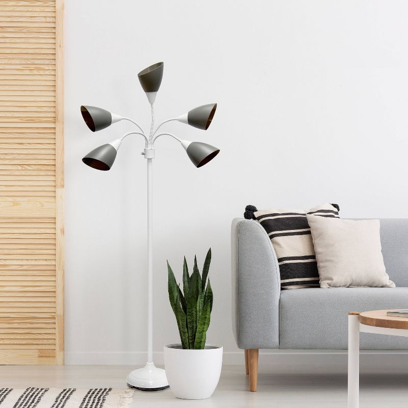 Simple Designs 67" Contemporary Multi 5-Head Adjustable Gooseneck Floor Lamp with Shades Gray : ETL Listed, Metal Body, Rotary Dimmer Switch