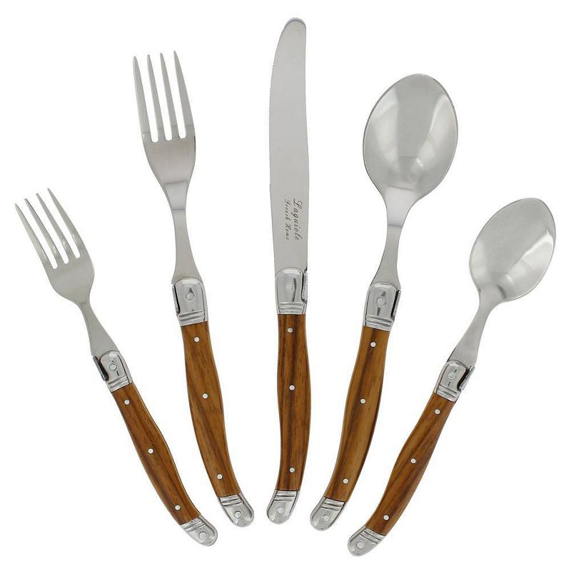 20pc Stainless Steel Laguiole Wood Grain Flatware Set Brown - French Home: Silverware Set, Ergonomic Grip, Service for 4