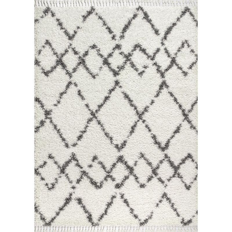 8'x10' Mercer Shag Plush Tassel Moroccan Geometric Trellis Area Rug, Cream/Grey - JONATHAN Y