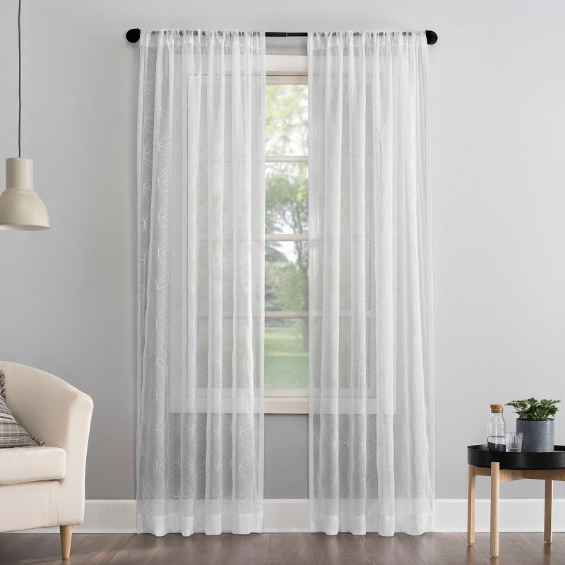 63"x50" Tamaryn Embroidered Trellis Sheer Rod Pocket Curtain Panel White - No. 918: Modern Polyester Curtains